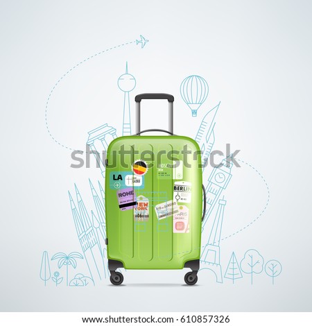 Color plastic travel bag with different travel elements vector illustration. Travel concept