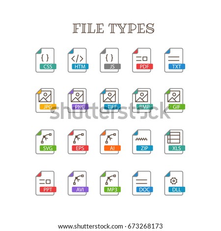 Different file types thin line color icons vector set