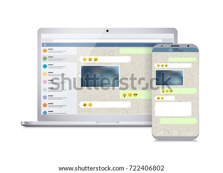 Vector smartphone and laptop with messenger application on the screen. Social network concept