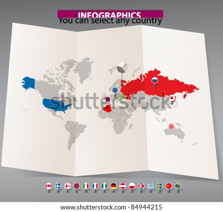 World map on old map and flags of different countries. You can select any country by color