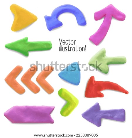 Colorful plasticine handmade dimensional arrow icons set. Putty design different shapes arrows isolated on white background