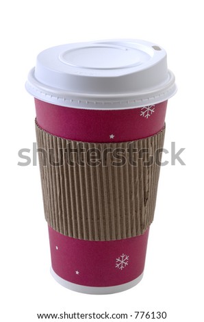 A colorful disposable coffee cup with safety cardboard collar. Super isolation. Focus= front plane of cup. 12MP camera.