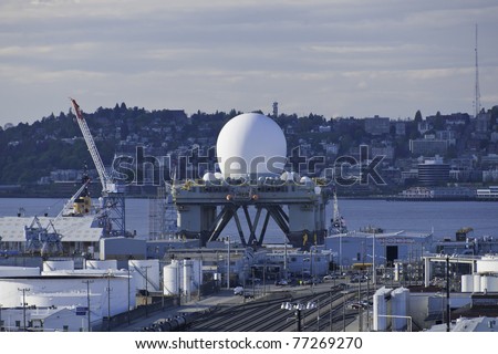 SEATTLE, WA - May12: The SBX-1, Sea Based X-Band Radar-1, rests in Vigor Shipyard for maintenance on May 12, 2011. The missile tracking system can detect a baseball sized object 3000 miles away.