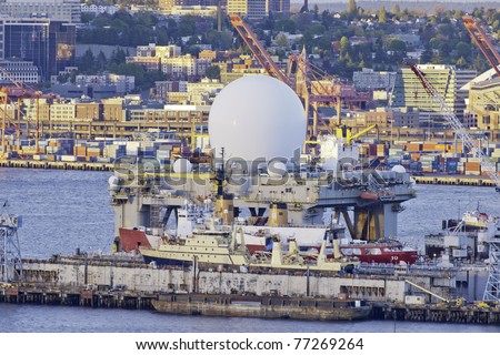 SEATTLE, WA - May12: The SBX-1, Sea Based X-Band Radar-1, rests in Vigor Shipyard for maintenance on May 12, 2011. The missile tracking system can detect a baseball sized object 3000 miles away.