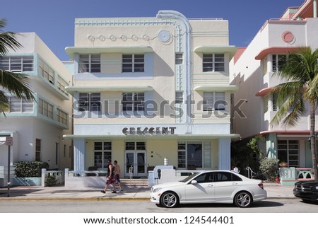 MIAMI - JANUARY 12: Crescent Resort On South Beach, built in 1938, was designed with a facade that resembles a fine steam ship with all of its port holes January 12, 2013 in Miami, Florida.