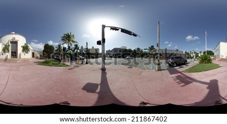 MIAMI BEACH - AUGUST 18: Spherical 360x180 panoramic image of Washington Avenue Miami Beach for virtual tours August 18, 2014. Miami Beach is a year round tourist hotspot best known for night life.