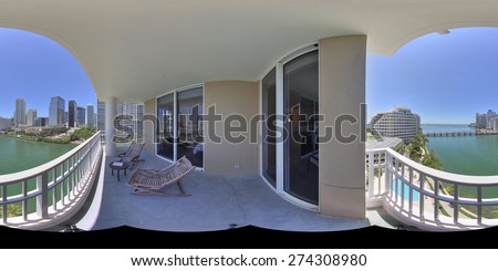 equirectangular panoramic image of a balcony with city view stitched for virtual tour software