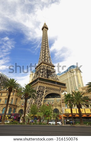 LAS VEGAS - AUGUST 7: Image of the Eiffel Tower Restaurant las vegas which is a miniaturized replica of the Eiffel Tower in Paris France August 7, 2015 in Las Vegas NV