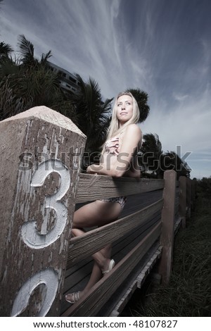 Unusual angle of a woman posing at a boardwalk