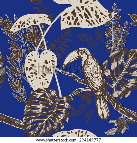 Vintage style tropical birds background, fashion seamless pattern with floral plant and exotic bird, creative fabric, wrapping with graphic floral ornaments, summer and spring theme for design
