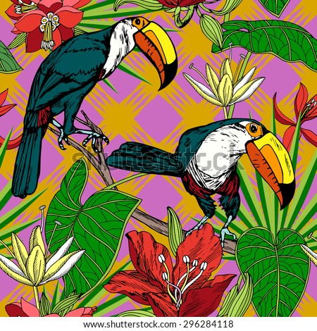 Vintage style tropical birds background, fashion seamless pattern with floral plant and exotic bird, creative fabric, wrapping with graphic floral ornaments, summer and spring theme for design