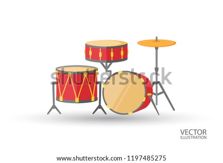 Bid drum set crash base isolated on a white background with the place for text colorful drums flat style vector illustration.