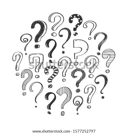 Set of hand drawn question marks, doodle questions on a white background arranged in a circle, vector illustration.