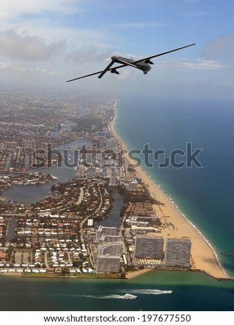 Modern surveillance drone high over the Florida coastline