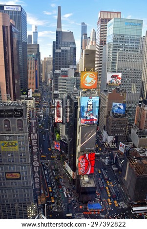 NEW YORK - JUNE 16: Traffic flows near New York City\'s Times Square on June 16, 2015 seen from above