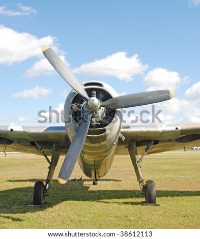 World War II era fighter airplane front view