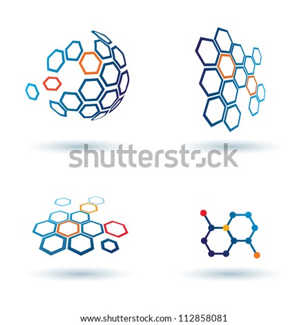 hexagonal abstract icons, business and communication concepts