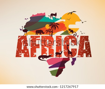 Africa travel map, decorative symbol of Africa continent with wild animals silhouettes