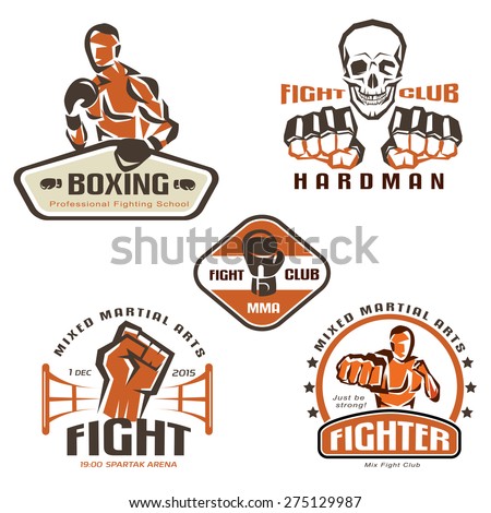 Set of fighting club emblems, MMA, boxing labels and badges