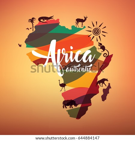 Africa travel map, decorative symbol of Africa continent with wild animals silhouettes