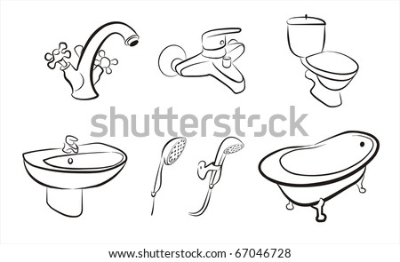 Bathroom Devices Set, Taps, Shower, Wc In Black Lines Sketch Stock ...