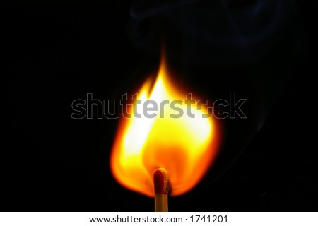 Closeup of a red-tipped wooden match stick at ignition.  Red, orange, yellow, and white flame.  Black background.