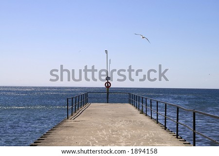 A Toronto-area concrete pier in Lake Ontario with a seagull in flight.  A lamp post with life preserver is visible at the end of the pier.
