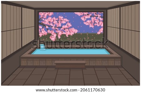 Indoor Onsen Hot Spring with  Beautiful nature view in Spring season. vector