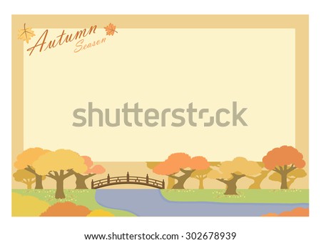 autumn season greeting card with red leaves trees and bridge landscape. vector illustration