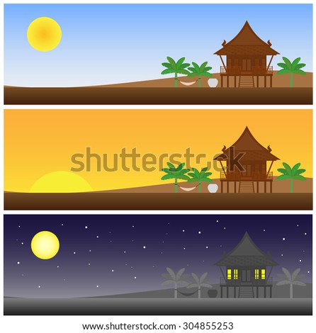 Morning, Sunset and Night of Thai Style House  landscape Banner. vector illustration