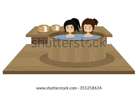 two girls taking bath in onsen hot spring wooden bathtub, isolated vector