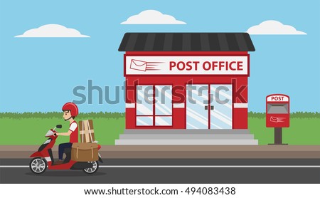Post Office Service with Postman riding scooter for delivery, cartoon style vector