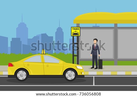 Businessman with luggage waiting for taxi at the taxi stand with city skyscraper background, cartoon style vector