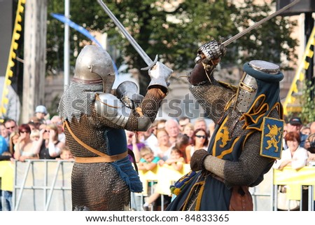 RIGA, LATVIA - AUGUST 21: Two knights from historical reconstruction club \