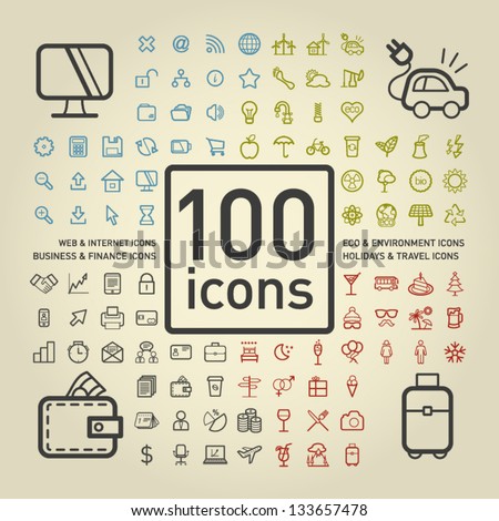100 Outlined Icons of Holidays and Traveling, Business and Economy, Web and Internet, Ecology and Environment