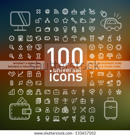 100 Outlined Icons of Holidays and Traveling, Business and Economy, Web and Internet, Ecology and Environment