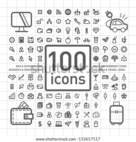 100 Outlined Icons of Holidays and Traveling, Business and Economy, Web and Internet, Ecology and Environment