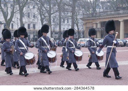 London, UK - March 17, Buckingham Palace, Changing of the guard at Buckingham Palace, Parade in winter gray uniform. March 17.2015 in London