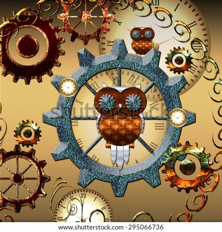 Steampunk, cute owl with gears and clocks