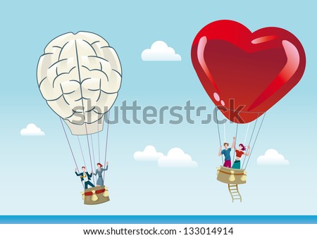 Two hot air balloons flying over a blue sky. One is shaped like a heart represents the emotion and love and the other in the shape of  brain representing the reason.