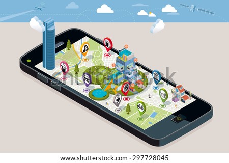 City map with pins, with the location of different service icons, and an intelligent house above the screen of a smart-phone.