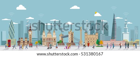 Panoramic of London Skyline and People Walking. City of London one of the leading centrers of global finance.
