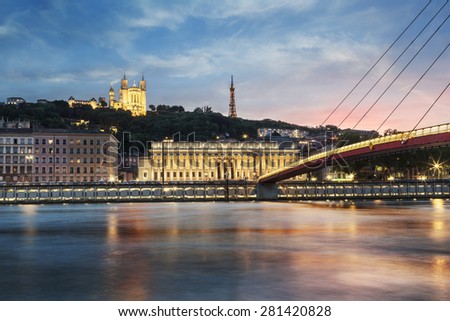 View of Saone river at sunset in Lyon city, France