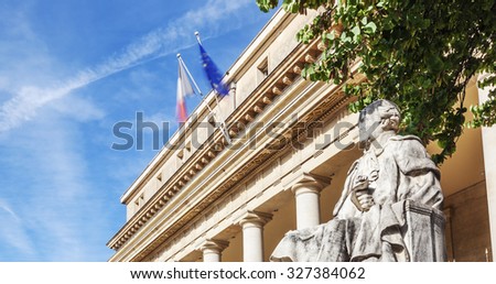 AIX EN PROVENCE, FRANCE - JUNE 1, 2015 : Panoramic view of the famous court of appeal with statue in Aix en Provence