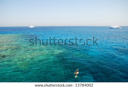Diver and boats. Red Sea in Egypt.