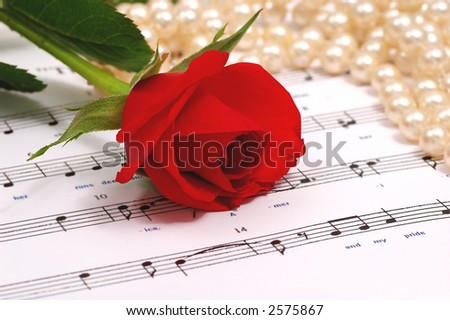 red silky rose with musical notes