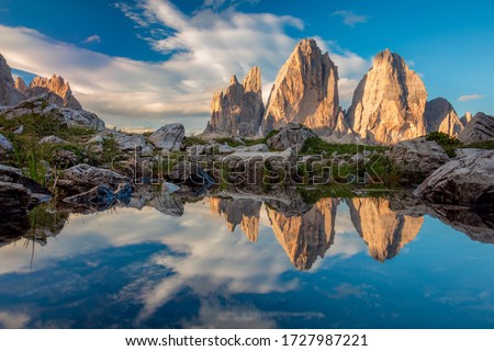 Similar – Image, Stock Photo Summer sunrise at Tre Cime di Lavaredo in the Dolomites national park, Italy