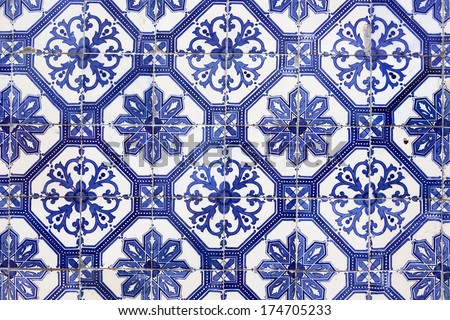 Detail of the traditional tiles (azulejos) from facade of old house in Lisbon, Portugal