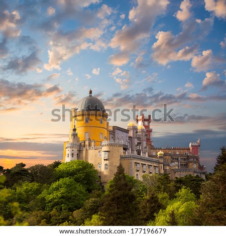 Fairy Palace against beautiful sky /  Panorama of Pena National Palace in Sintra, Portugal / Europe