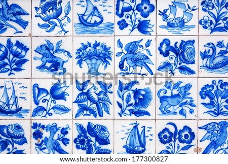 Traditional tiles (azulejos) from facade of old house in Lisbon, Portugal, Europe